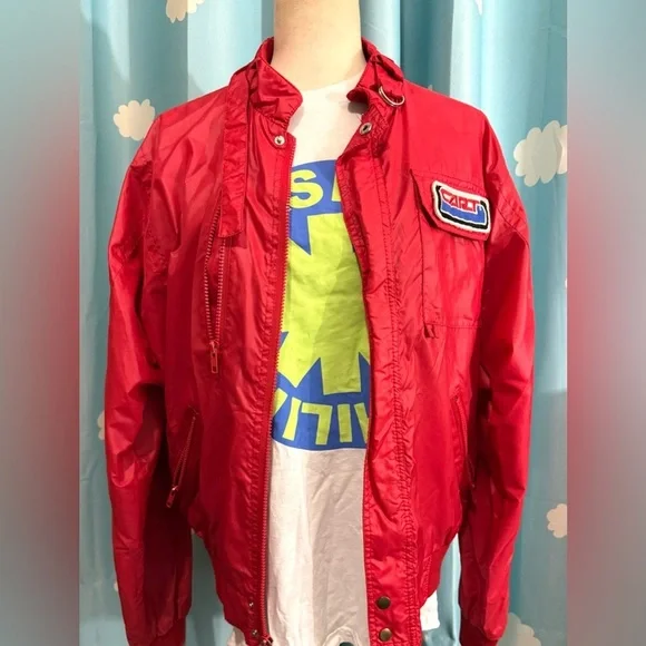 Vintage Upstream Racing jacket.  Nylon red with cart patch- fits like medium - Picture 7 of 8